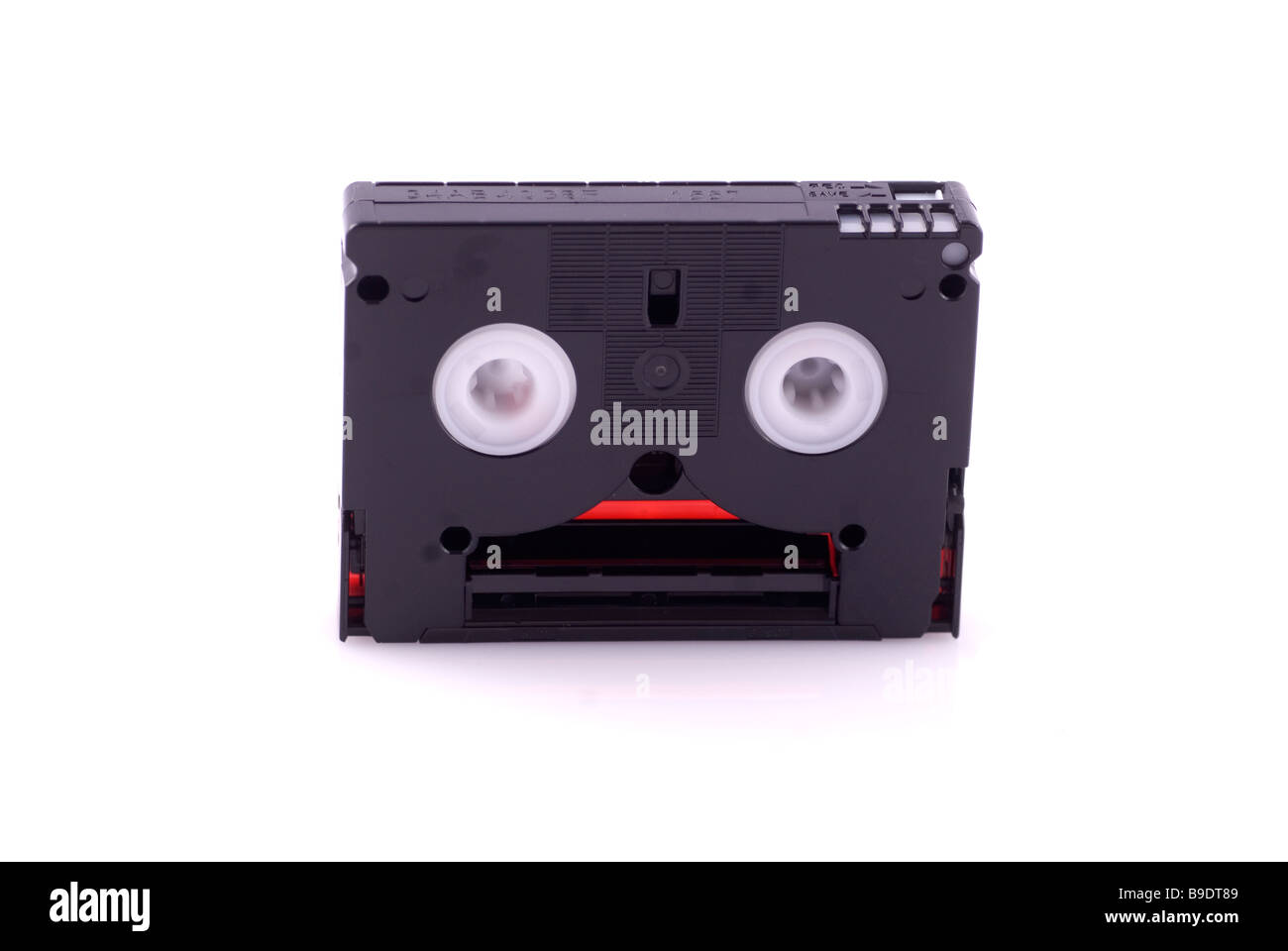 In prossimità di una mini DV video tape intaglio su sfondo bianco Foto Stock