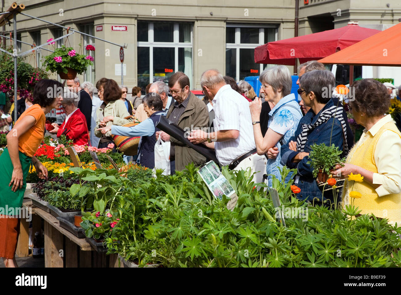 Persone che passeggiano su mercato a Bundesplatz federal Piazza Città Vecchia Berna Cantone di Berna Svizzera Foto Stock