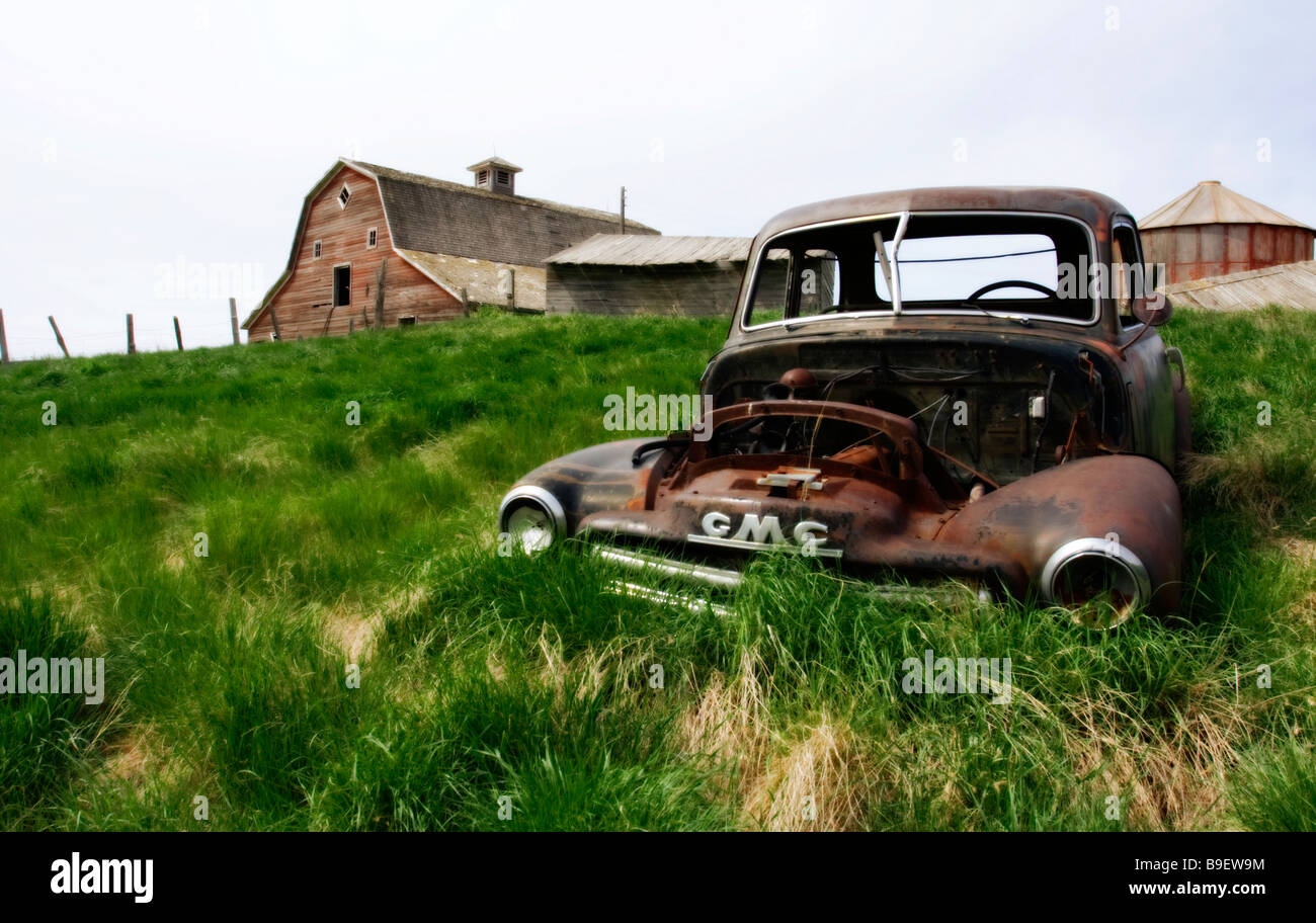 Un vecchio carrello GMC giace abbandonata e ricoperta in un campo di fattoria in Alberta. Foto Stock