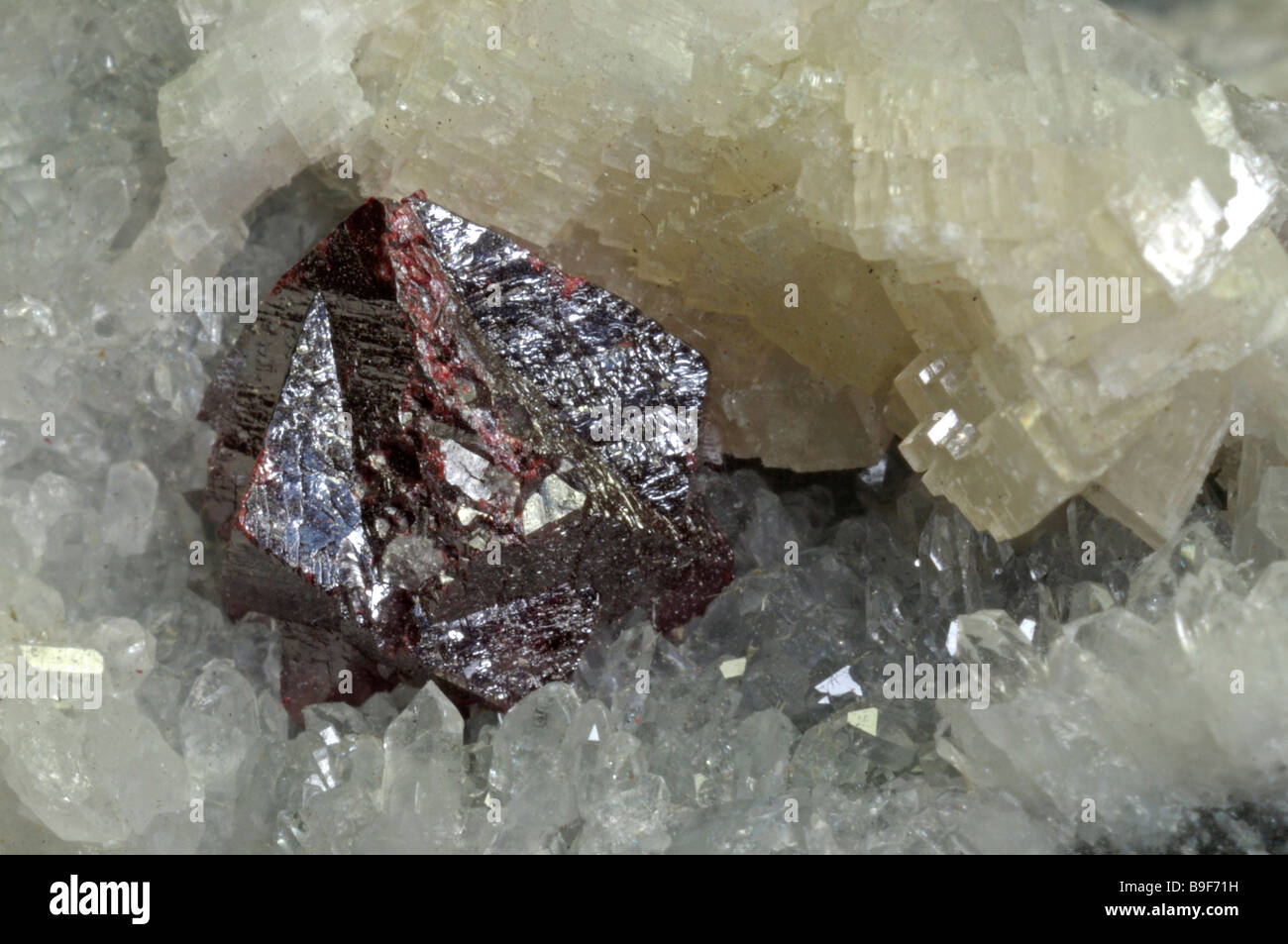 Sfalerite, cristalli neri su quarzo Foto Stock