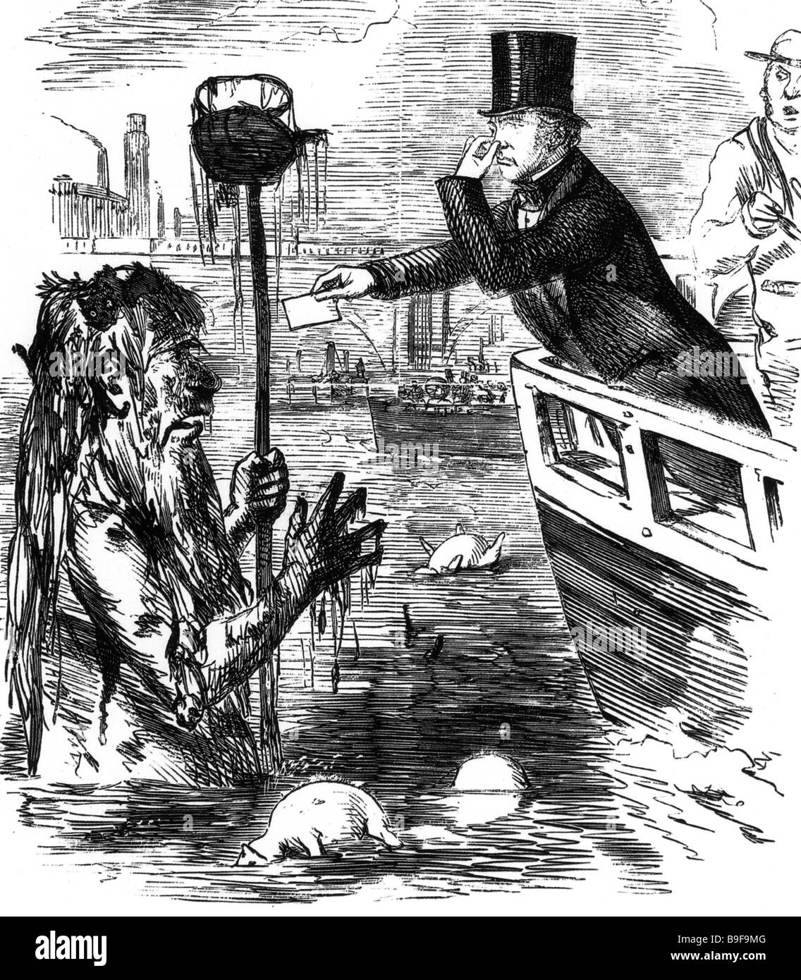 FILTHY THAMES Punch cartoon di 1885 mostra Michael Faraday dando la sua carta telefonica per Padre Tamigi - vedere la descrizione riportata di seguito Foto Stock