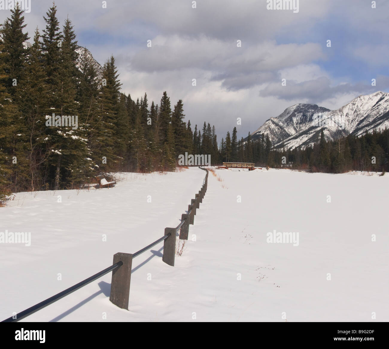Coperta di neve Mount Lorette pond, Kananaskis country, Alberta Foto Stock