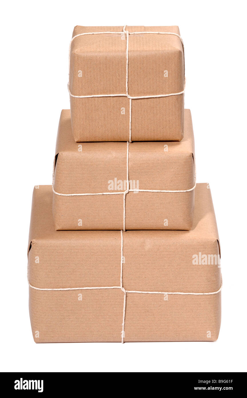 Tre brown pacchi in carta Foto Stock