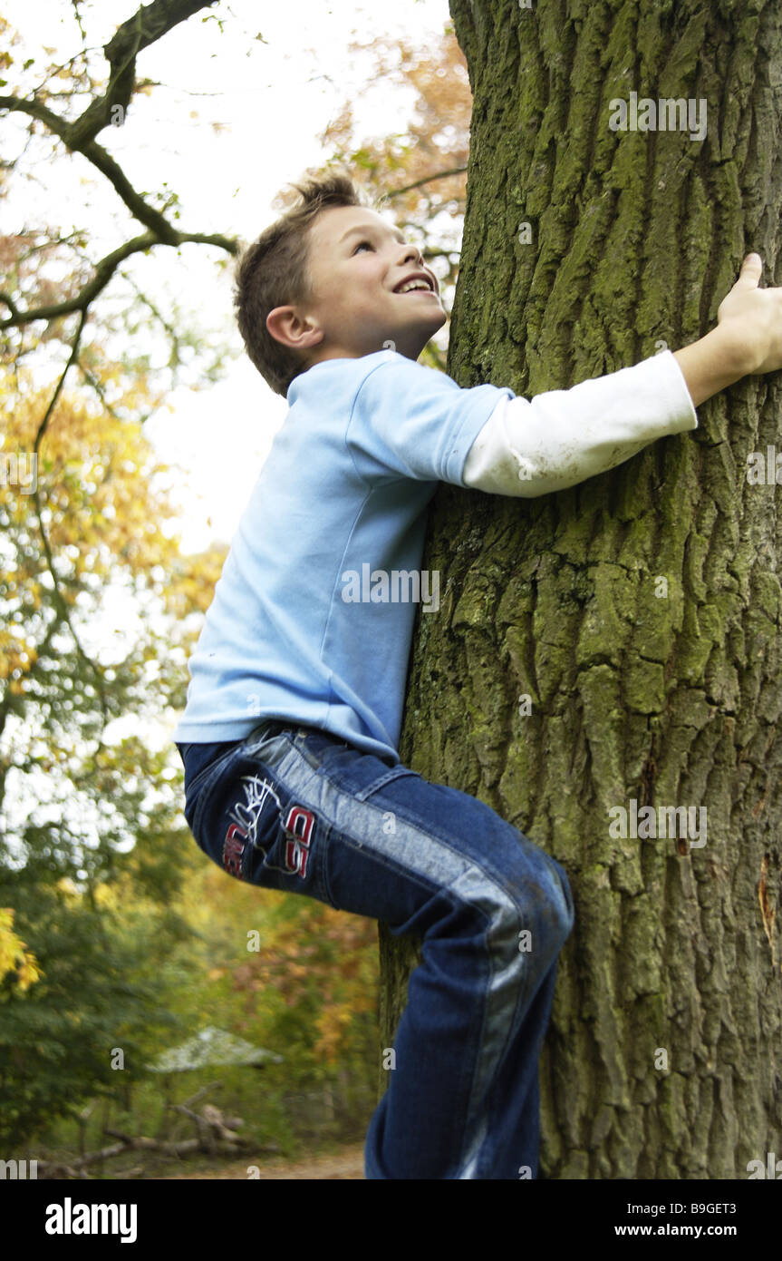 Bambino ragazzo forest gioca tree highclimbing 8-12 anni divertente gioco gioia infanzia felicemente allegramente liberamente naturalmente log salite di trunk Foto Stock