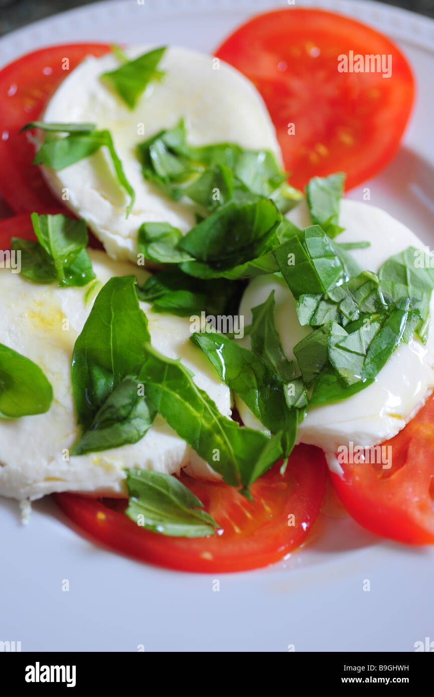 Il cibo italiano insalata caprese basilico pomodoro e mozzarella olio d' oliva Foto Stock