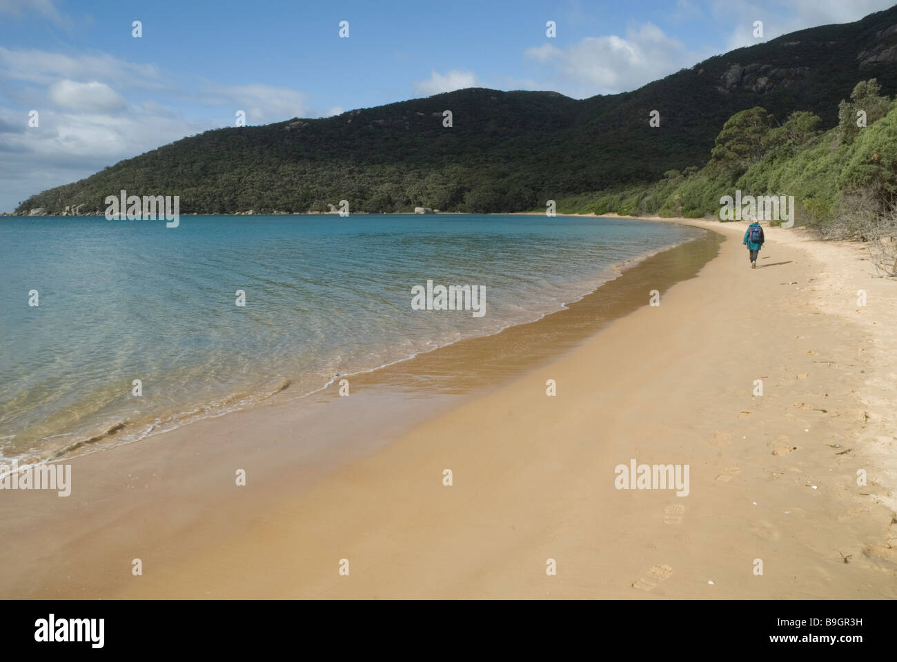 Escursionista solitario sulla spiaggia di Sealers Cove , Parco Nazionale Wilsons Promontory , Australia Foto Stock