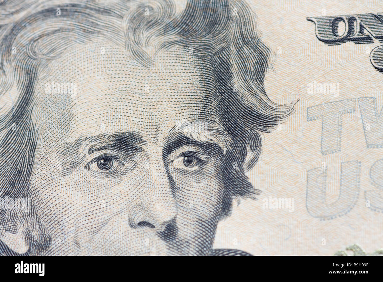 Close-up di Andrew Jackson gli occhi su American venti dollari Foto Stock