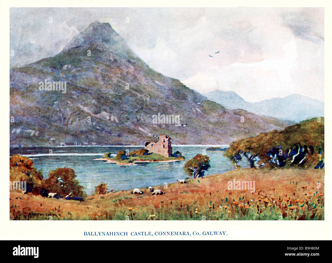 Ballynahinch Castle Connemara 1925 pittura del castello in rovina di un lago in Galway Irlanda occidentale Foto Stock