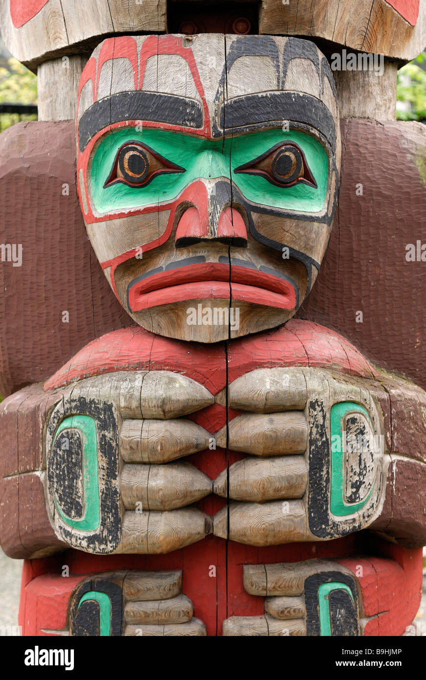 Indian totem pole, close-up, il Royal BC Museum, Victoria, British Columbia, Canada, America del Nord Foto Stock