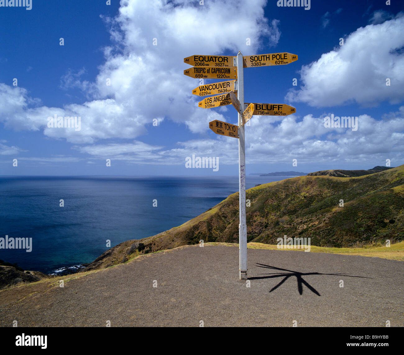 Cartello stradale visualizzazione distanze, punta nord, nord Isola, Nuova Zelanda Foto Stock
