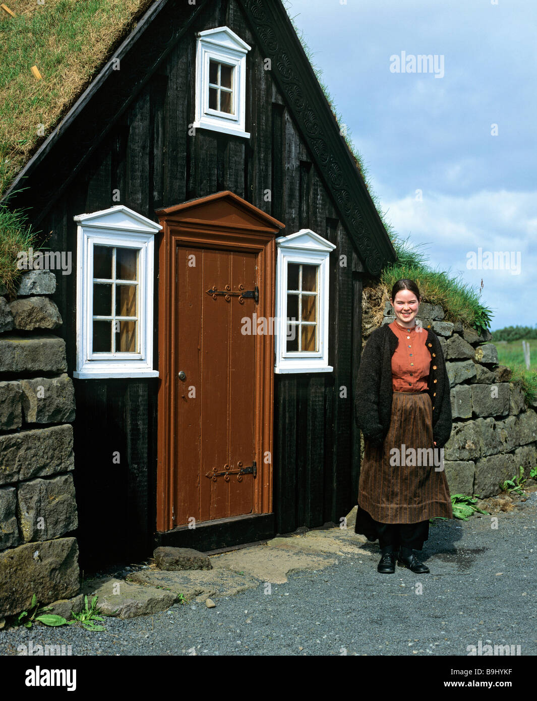 Donna che indossa il costume tradizionale, Árbaer open-air museum, Reykjavík, Islanda Foto Stock