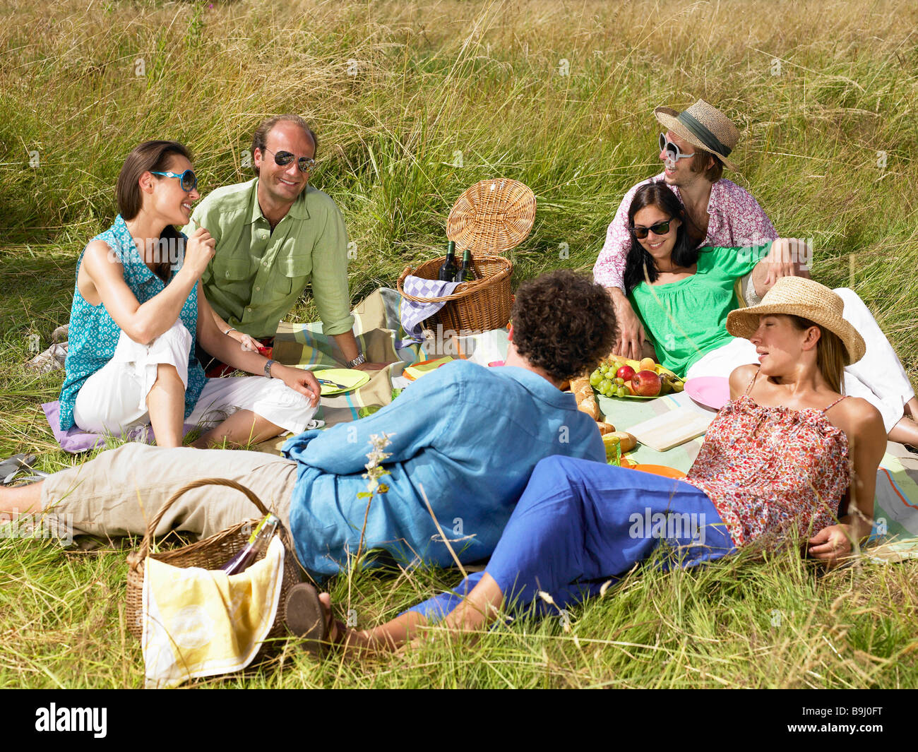 Gruppo di amici avente un picnic Foto Stock
