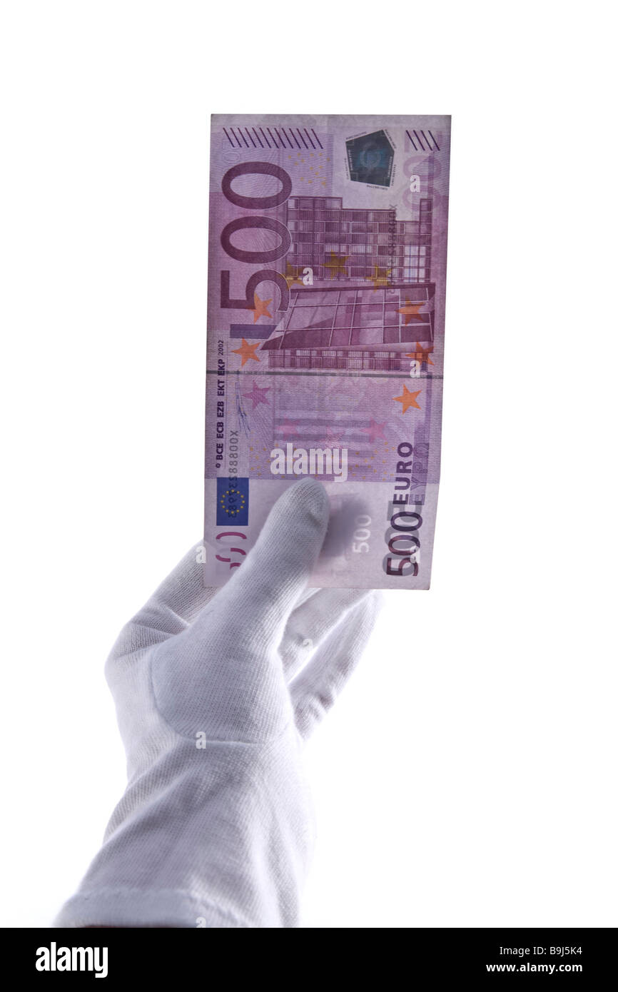 Bianco-mano guantata 500 di contenimento di banconote in euro Foto Stock