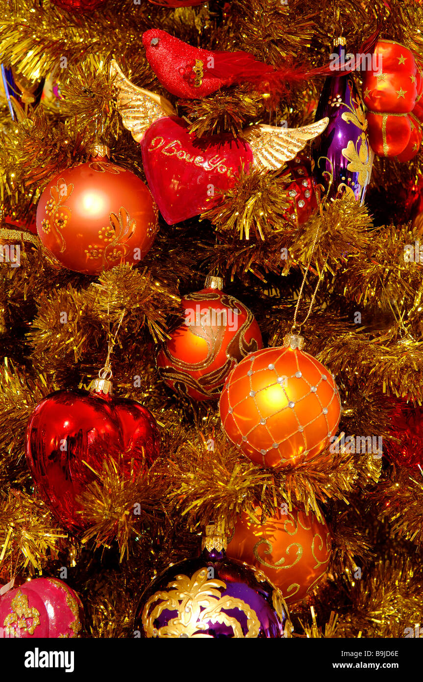 Albero di Natale decorazioni su golden artificiale albero di Natale, dettaglio Villa Ambiente, Norimberga, Media Franconia, Baviera, G Foto Stock