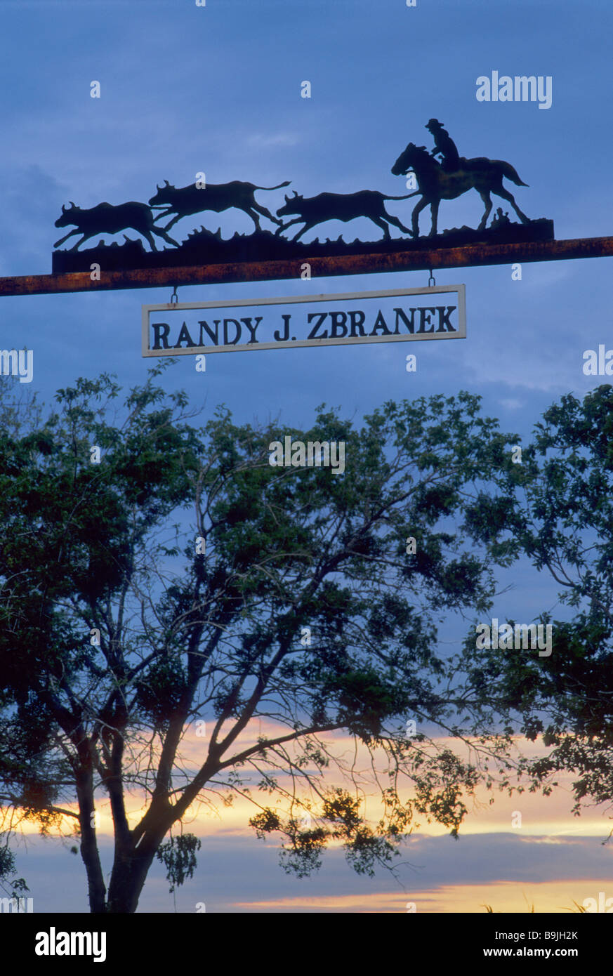 Ferro battuto firmare al ranch gate a FM 487 autostrada vicino Bartlett a Edwards Plateau in Bell County Texas USA Foto Stock