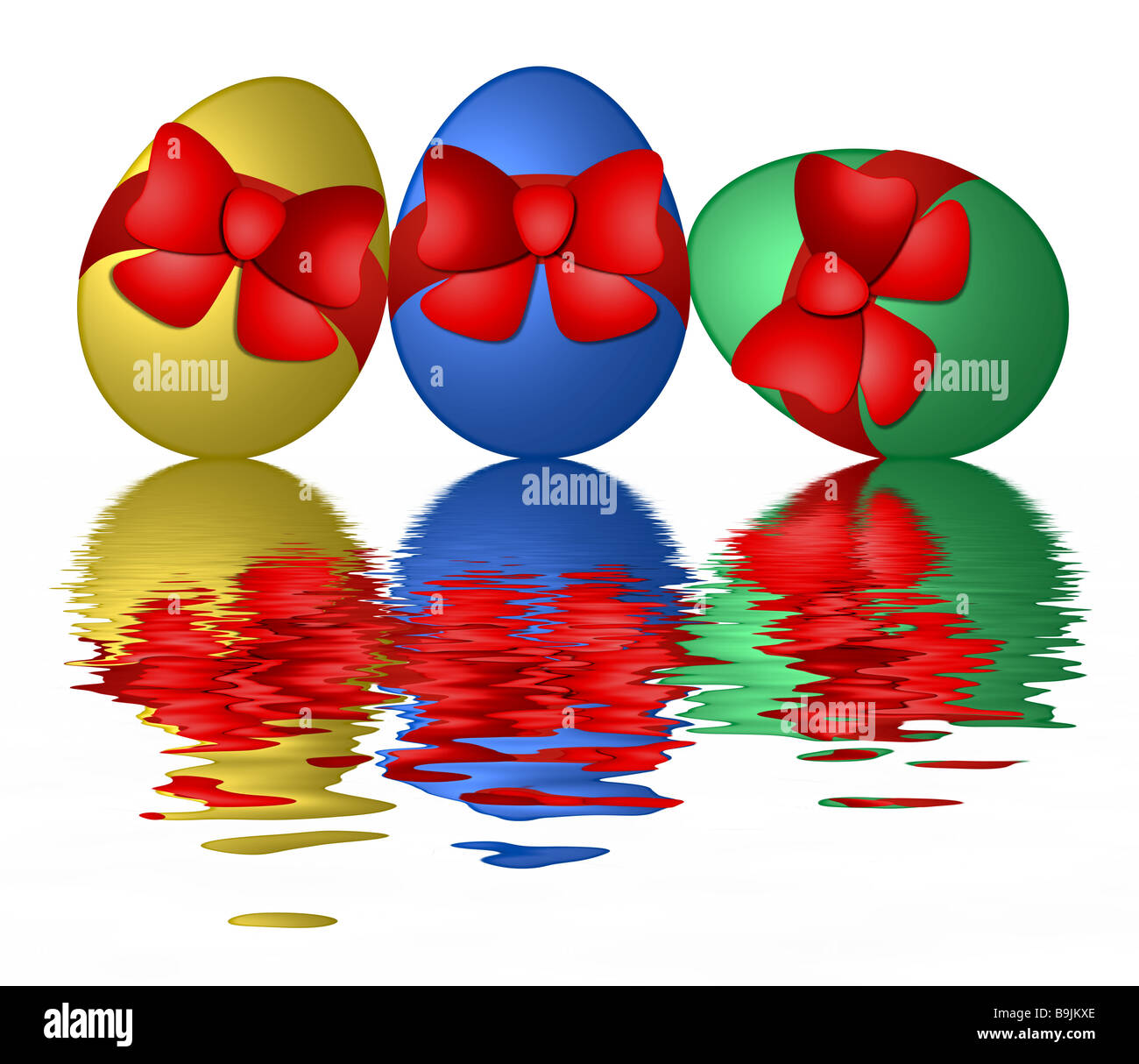 3 colorato le uova di pasqua con un nastro rosso Foto Stock