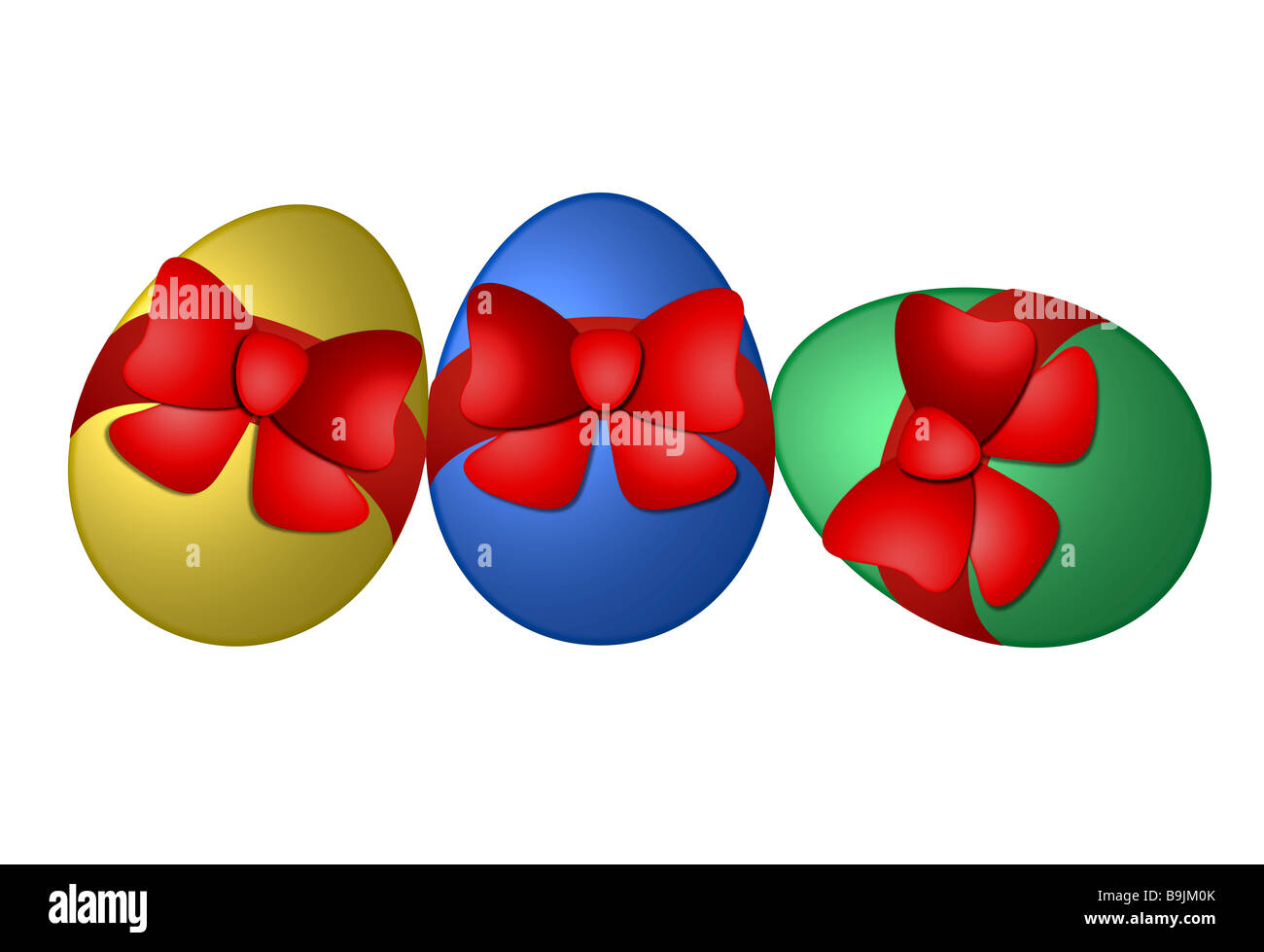 3 colorato le uova di pasqua con un nastro rosso Foto Stock