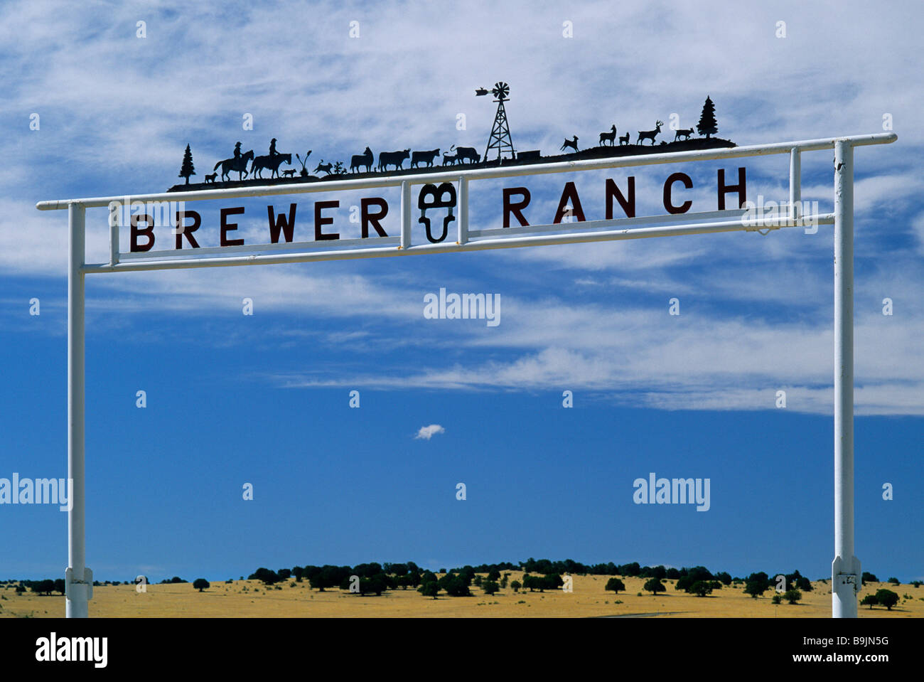 Ferro battuto ranch gate a noi 380 autostrada vicino Carrizozo in Lincoln County New Mexico USA Foto Stock