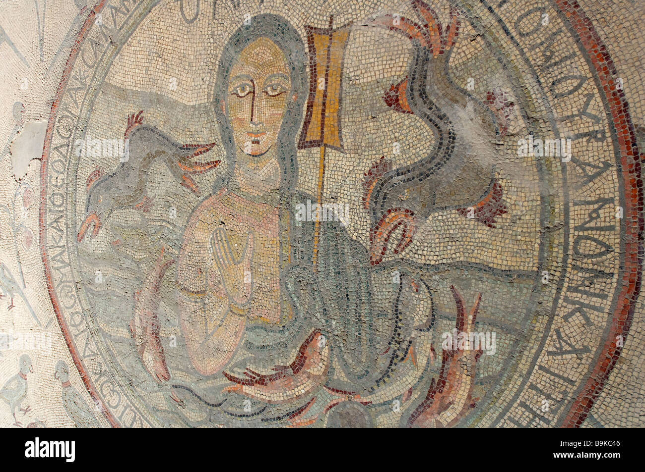 Giordania, Madaba Governatorato, Madaba City, a mosaico della chiesa degli Apostoli Foto Stock