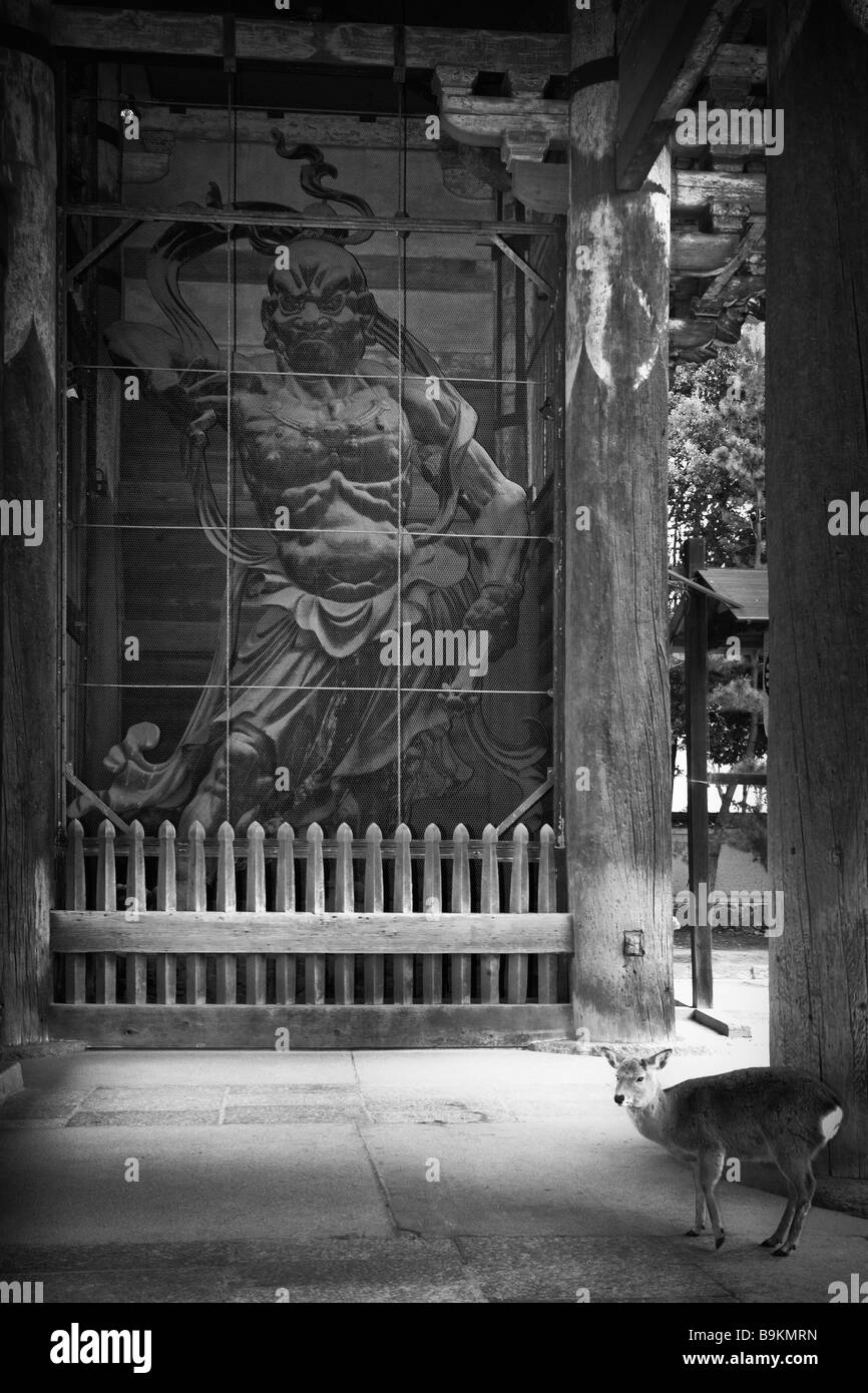 Deer guardando il custode di legno struttura all'ingresso del tempio Todaiji - Nara, Giappone (B&W) Foto Stock