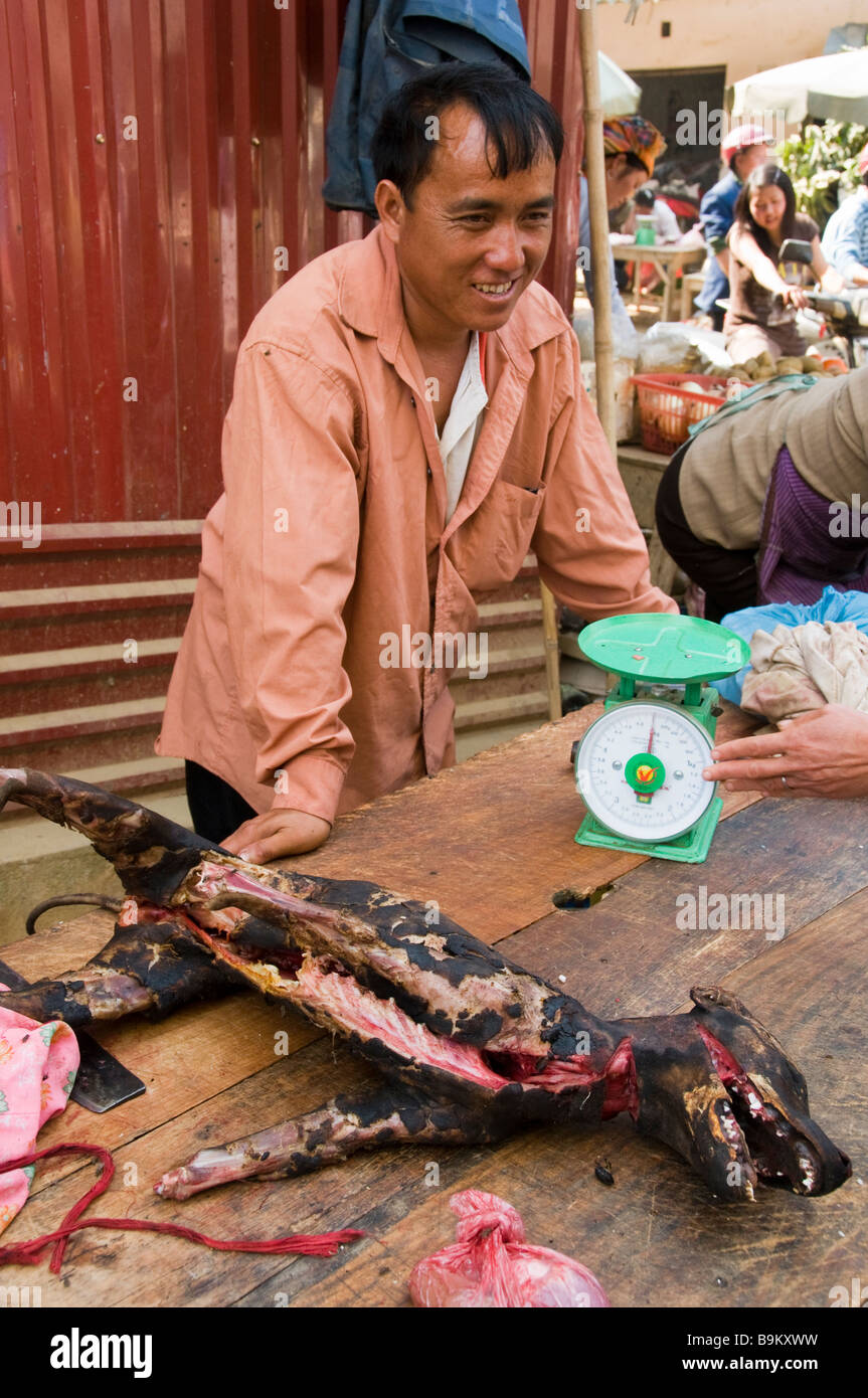 Carne di cane una specialità in Vietnam per la vendita in un mercato vicino a Sapa Foto Stock