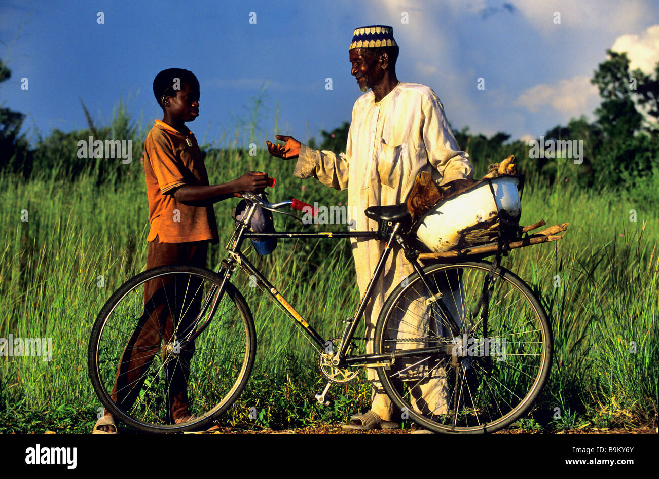 Il Benin, Donga County, Djougou, strada nazionale n° 3, Karimu Sikesawoue in sella ad un mercato di vendita giovane capra Foto Stock