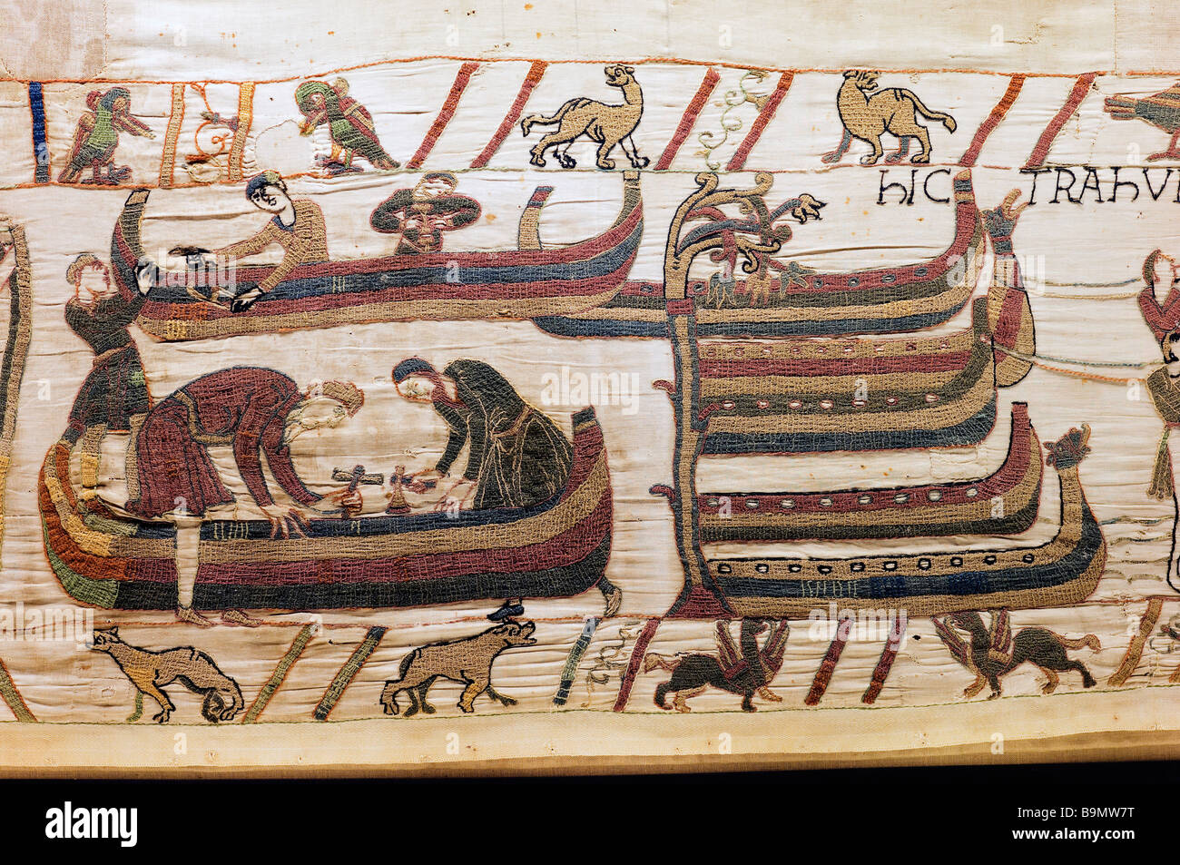 Francia, Calvados, Bayeux, l'arazzo di Bayeux (che della Regina Mathilde) che raccontano la storia dell'Inghilterra dell' invasione da William il Foto Stock