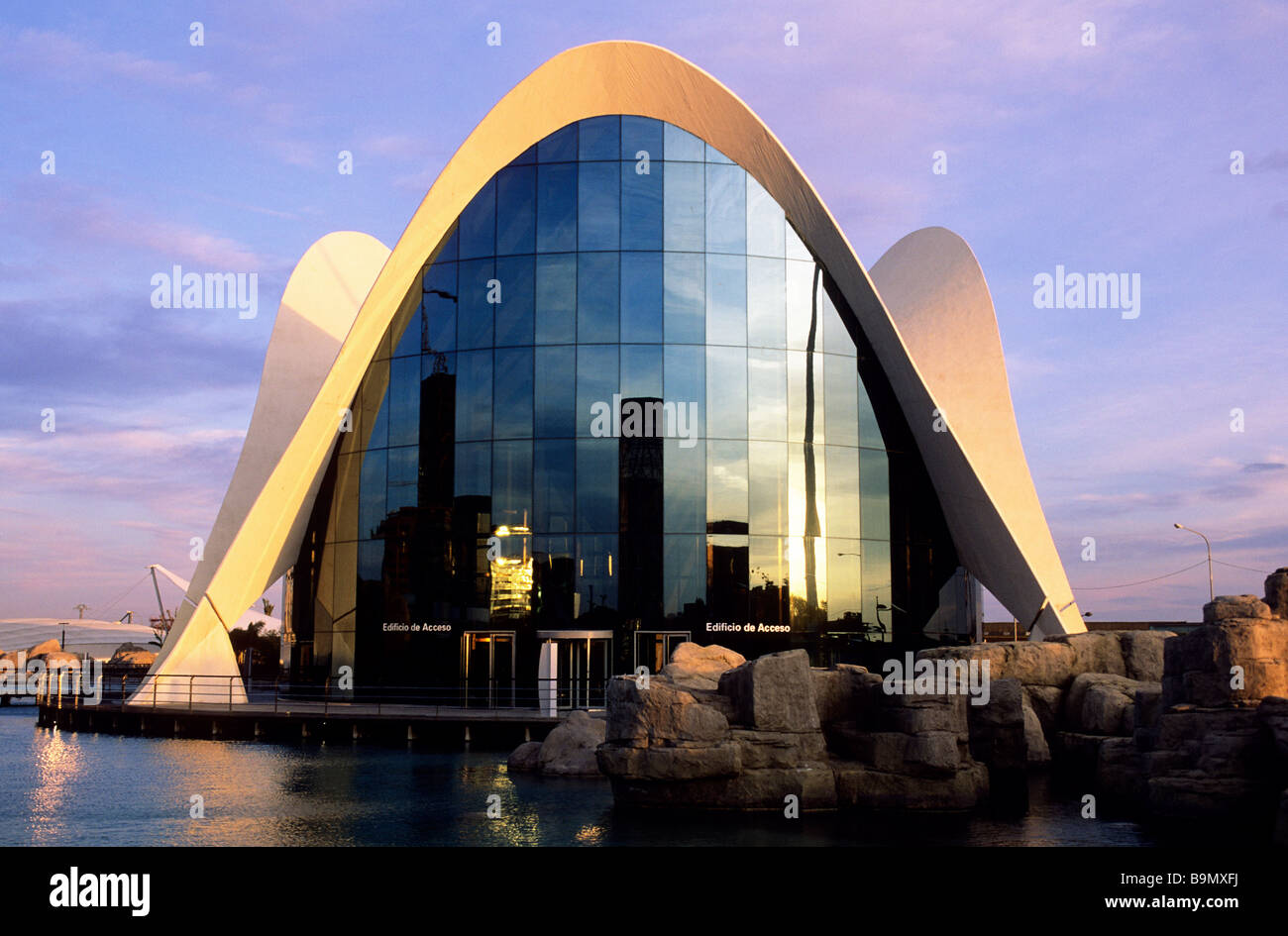 Spagna, Valencia, la Città delle Arti e delle scienze dell'architetto Santiago Calatrava, l'acquario (edificio principale 's tetto e Foto Stock