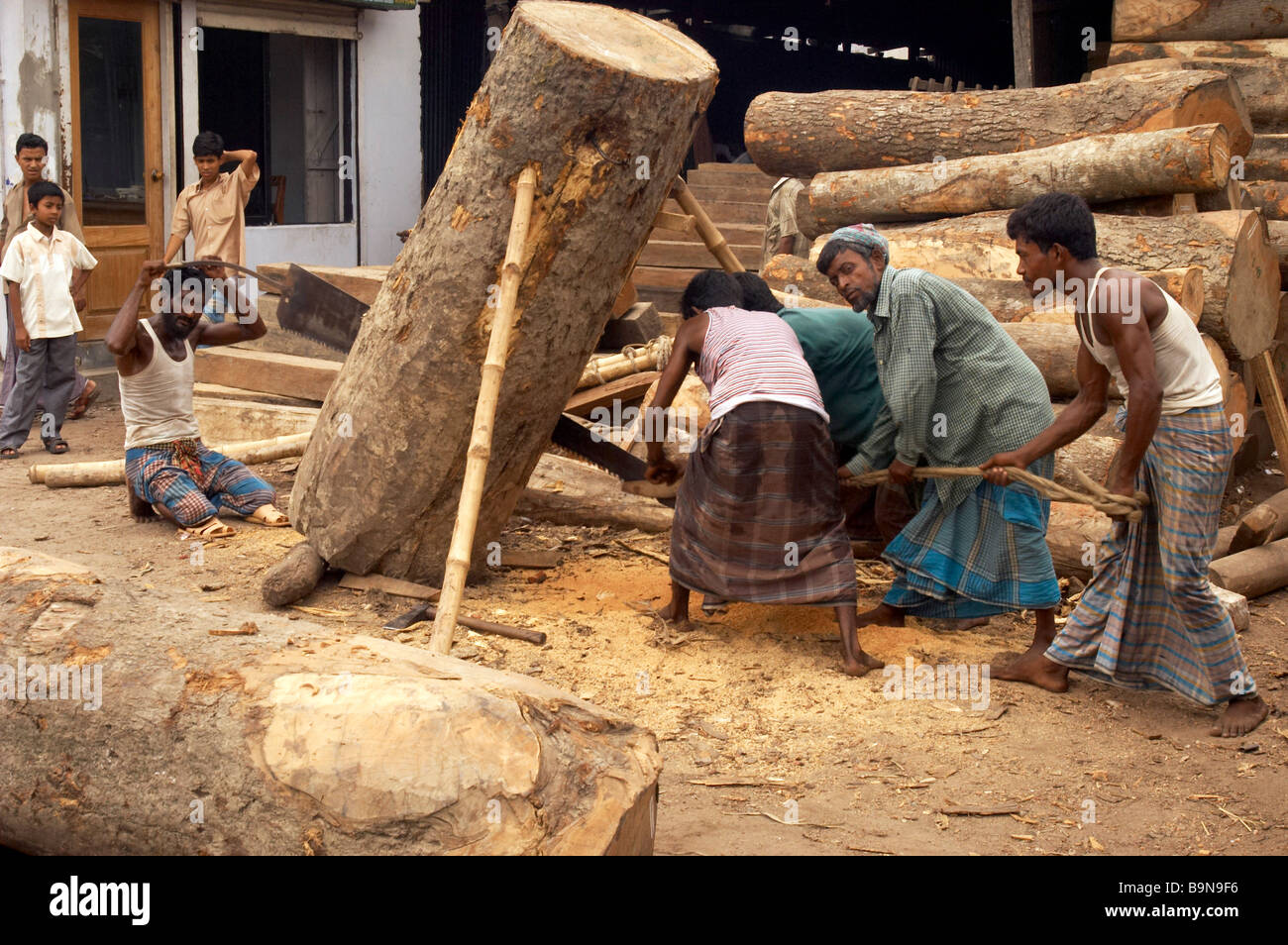 Gli uomini di sega manuale registro di lavoro duro lavoro di taglio della povertà Foto Stock