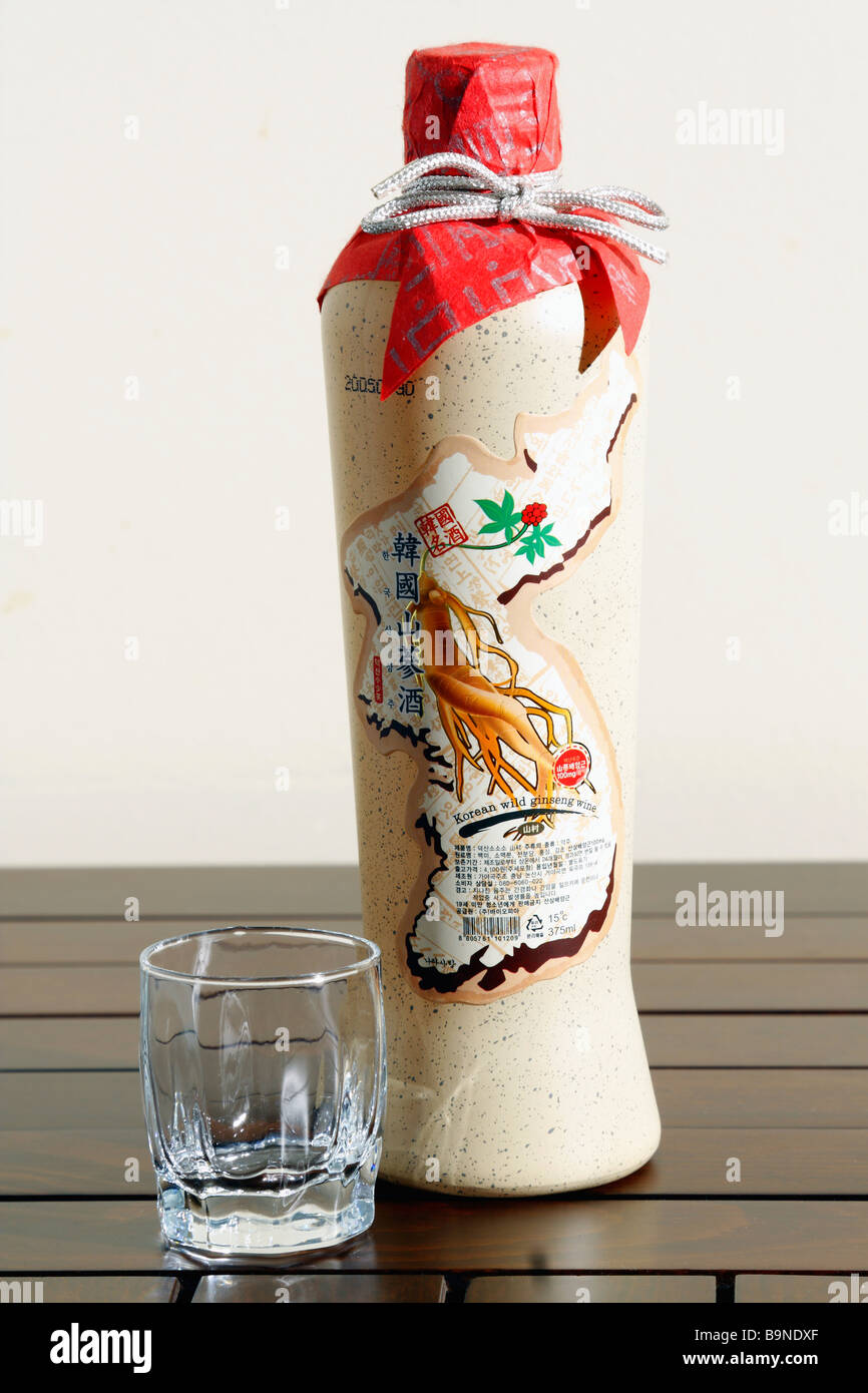 Una bottiglia di Korean Ginseng selvatico vino sulla tavola. Isolato, vicino. Foto Stock