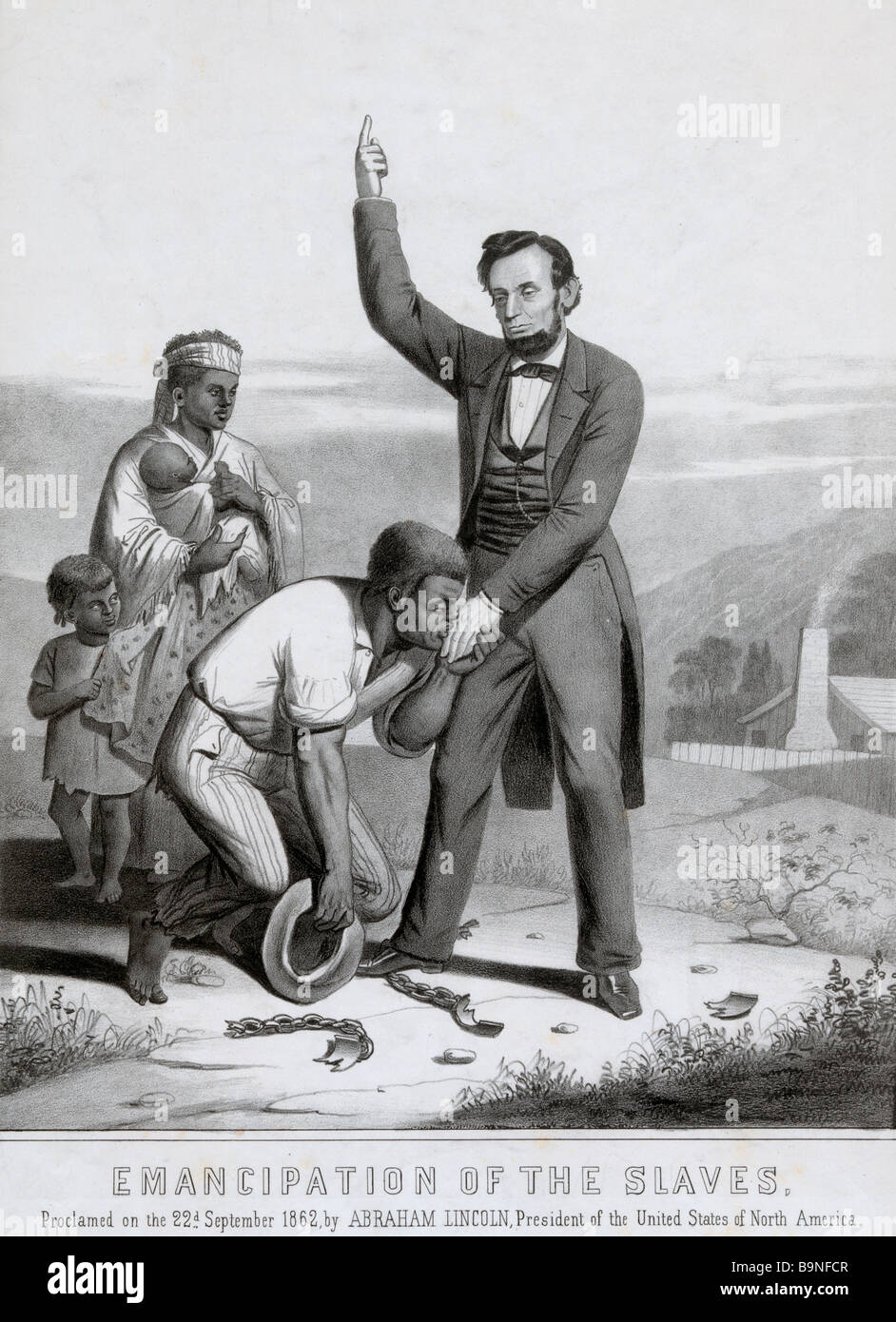 Emancipazione degli schiavi - uno schiavo liberato baci Abraham Lincoln la mano mentre la sua famiglia si affaccia su Foto Stock