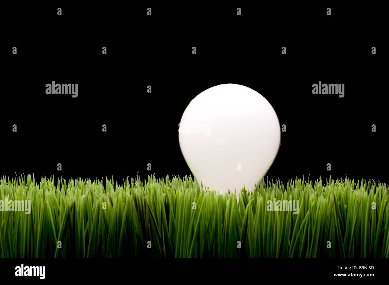 Un incandescente lampadina a incandescenza su erba verde con spazio per la copia su sfondo nero Foto Stock