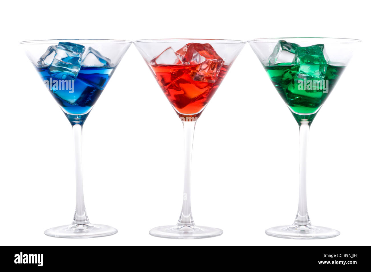 Rosso Blu e verde Drink martini fianco a fianco Foto Stock