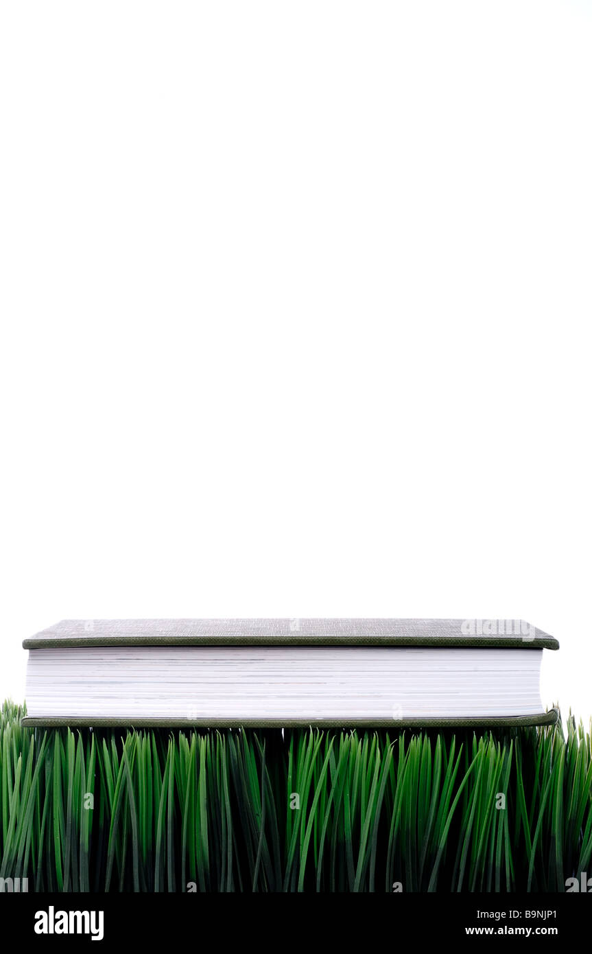 Raccolta con copertina rigida verde libro seduti sul prato con uno sfondo bianco con spazio per la copia Foto Stock