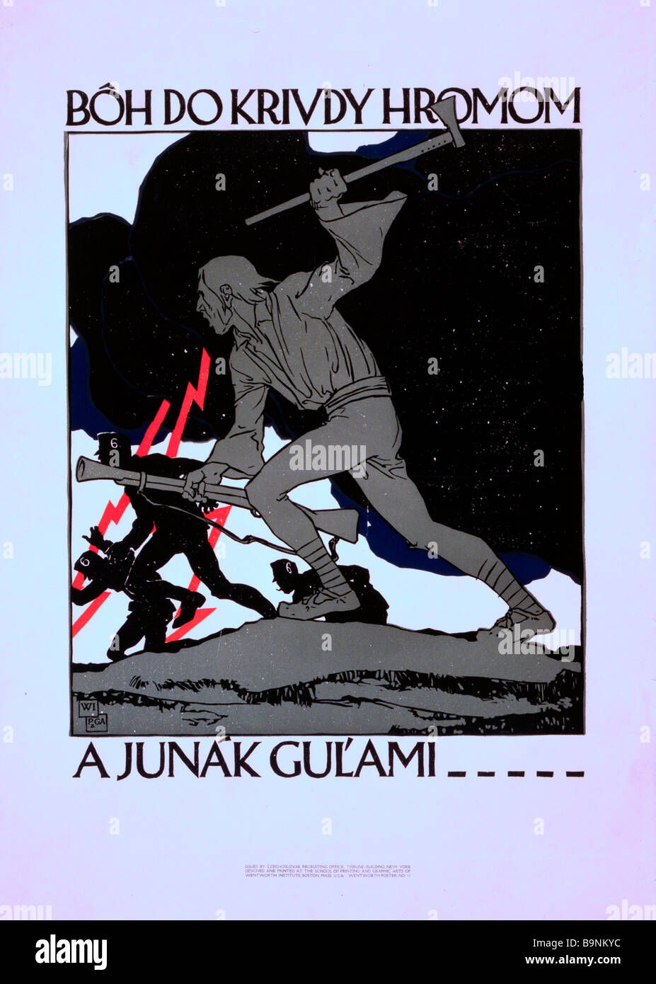 Poster raffigurante un uomo anziano con ax e il fucile la giunzione di una battaglia Foto Stock