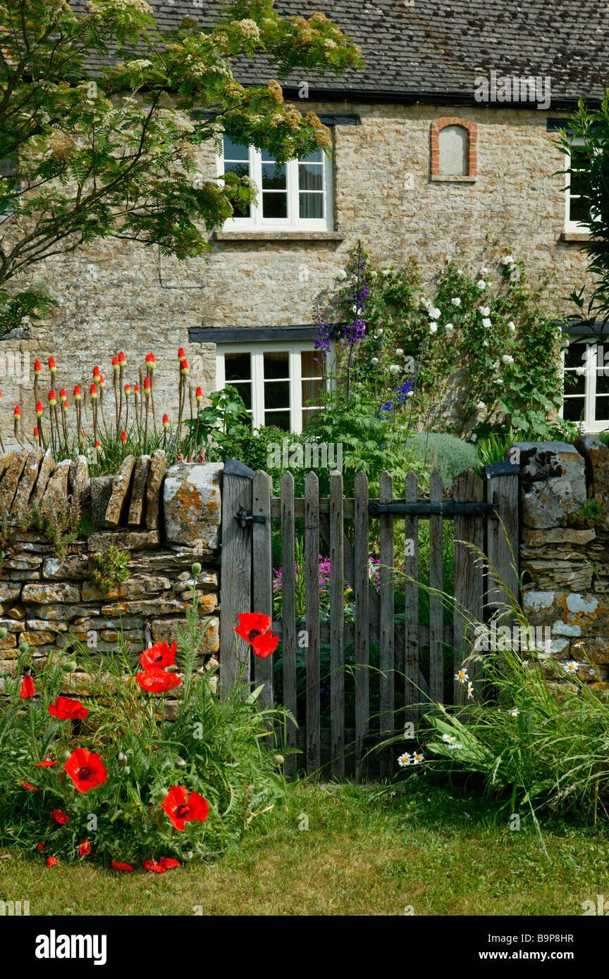 Un paese di lingua inglese cottage. Fiori di papavero e porta in primo piano. Con i fiori crescono fino all'esterno. Foto Stock
