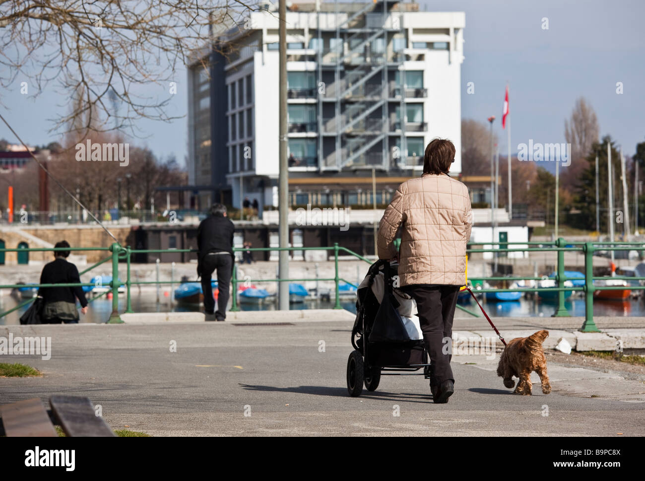 Donna con bambino passeggino a piedi il suo cane su un luminoso winter's day. Foto Stock