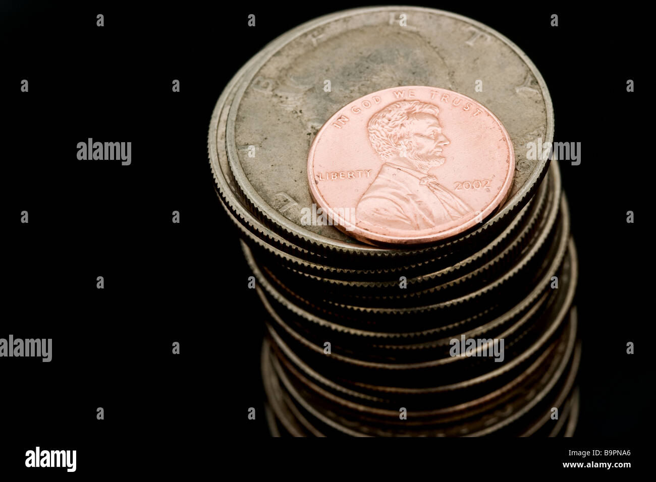 Pila di American semi-dollar monete un centesimo sulla parte superiore con il ritratto di Abraham Lincoln Foto Stock