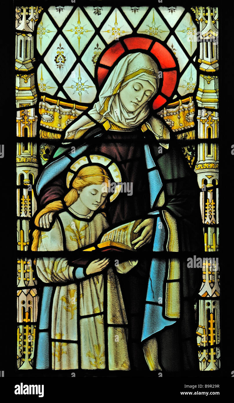 La Madonna e San Anna, navata sud finestra (dettaglio). Chiesa di Santa Maria, Dalton-in-Furness, Cumbria, Inghilterra, Regno Unito, Europa. Foto Stock