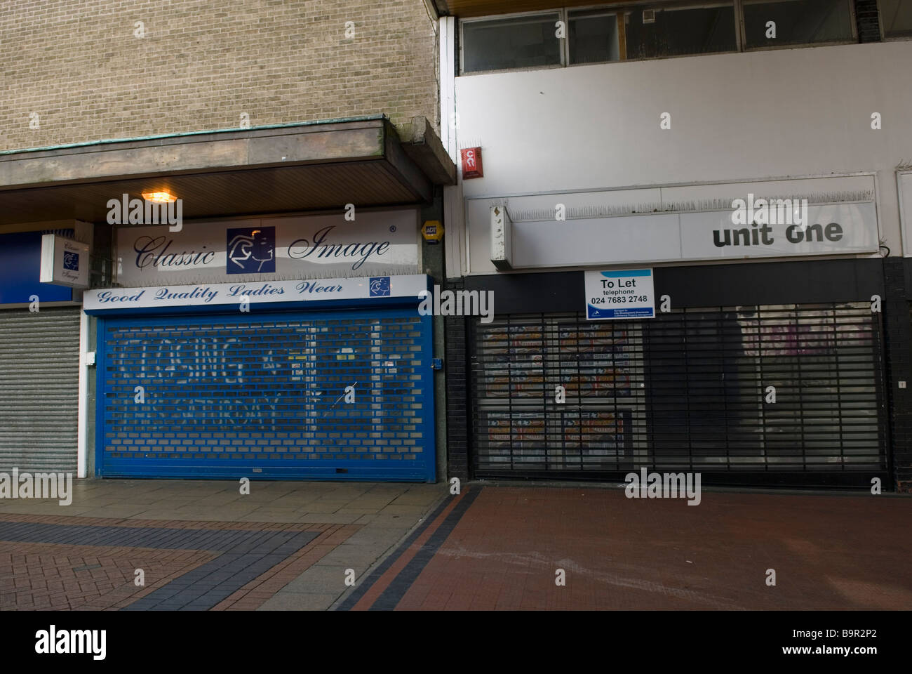Chiuso Coventry City Center negozi durante il Credit Crunch recessione Foto Stock