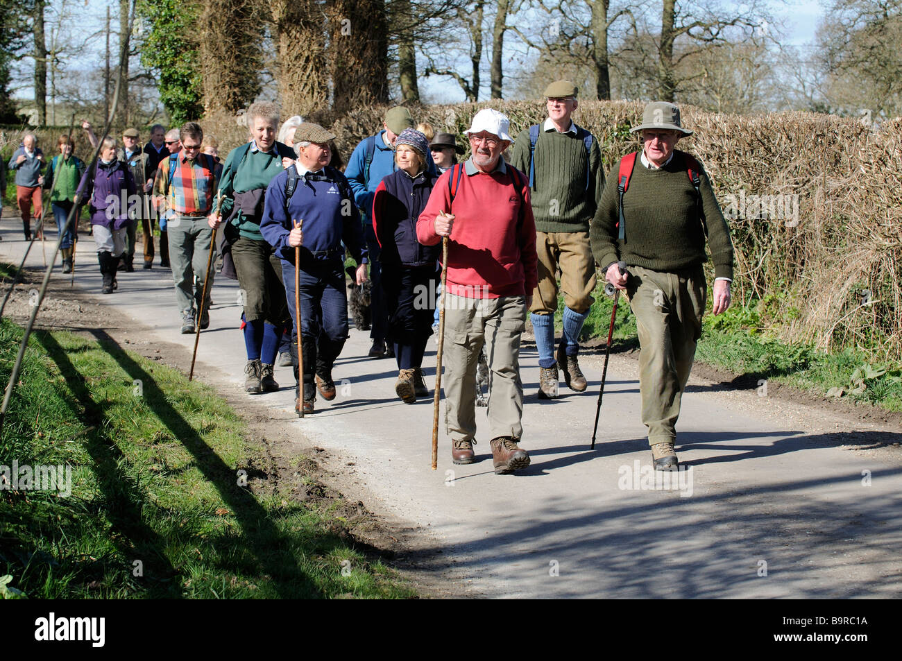 Gruppo di escursionisti su una campagna di Dorset lane a Shillingstone Southern England Regno Unito Foto Stock