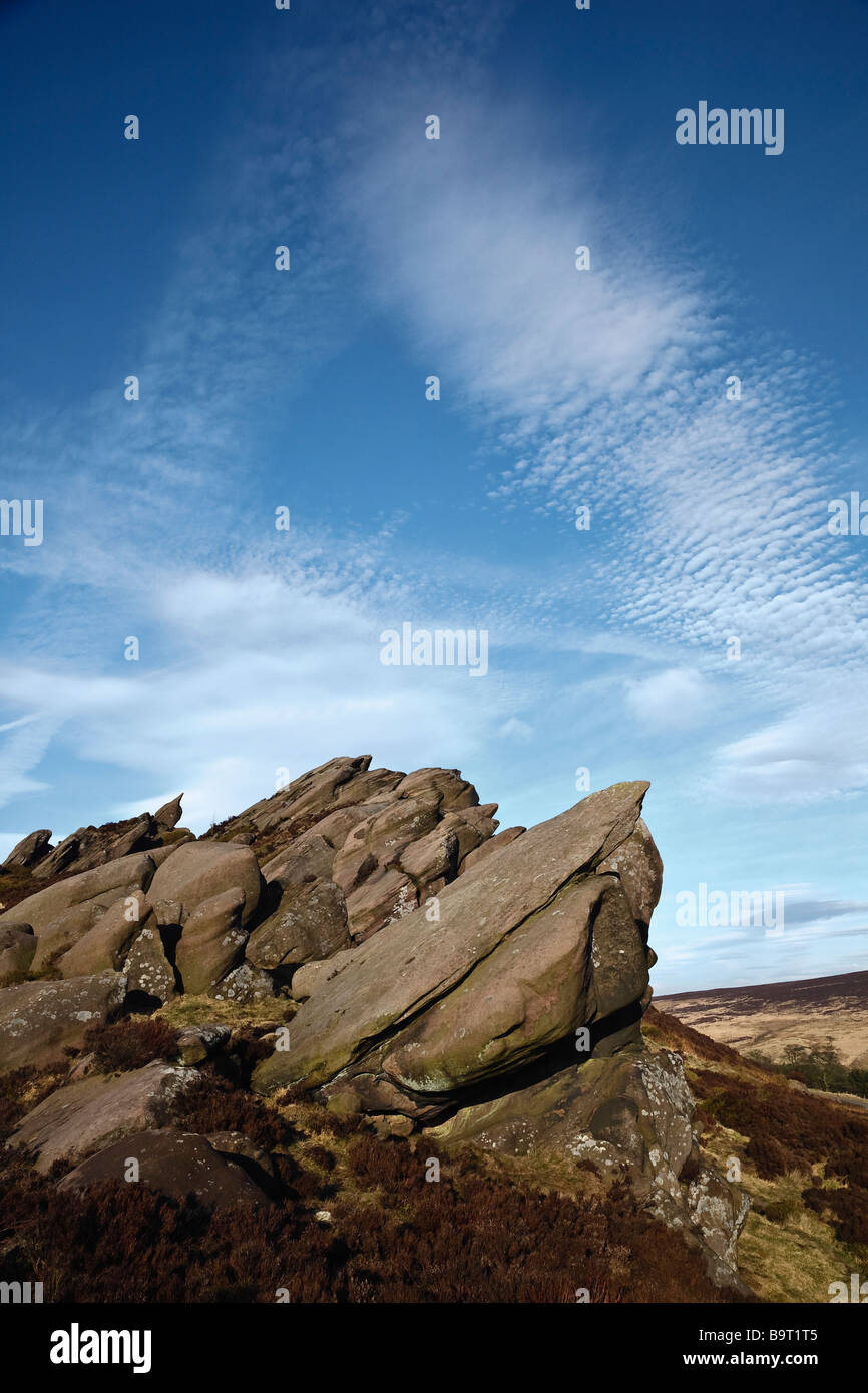 Ramshaw rocce e il "dito" di pietra, le blatte, Parco Nazionale di Peak District, Staffordshire, England, Regno Unito Foto Stock