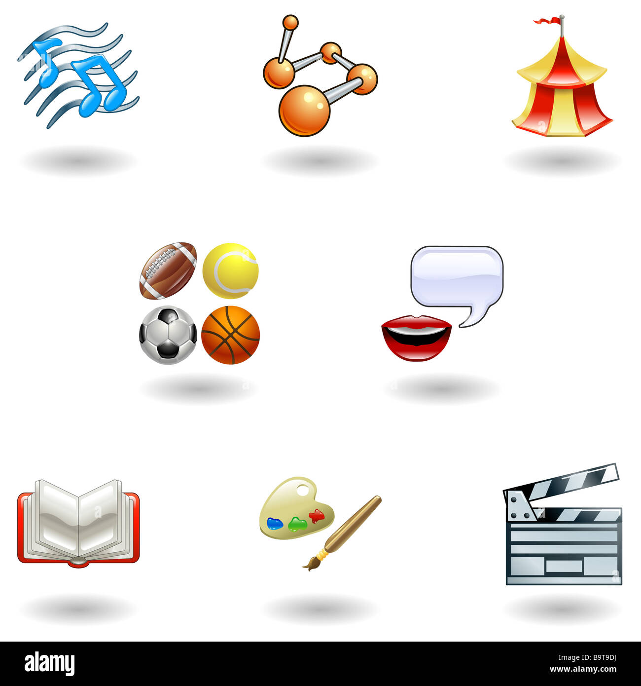 Un soggetto o categoria icona impostare ad esempio scienza lingua letteratura musica storia educazione fisica studi multimediali arte Foto Stock