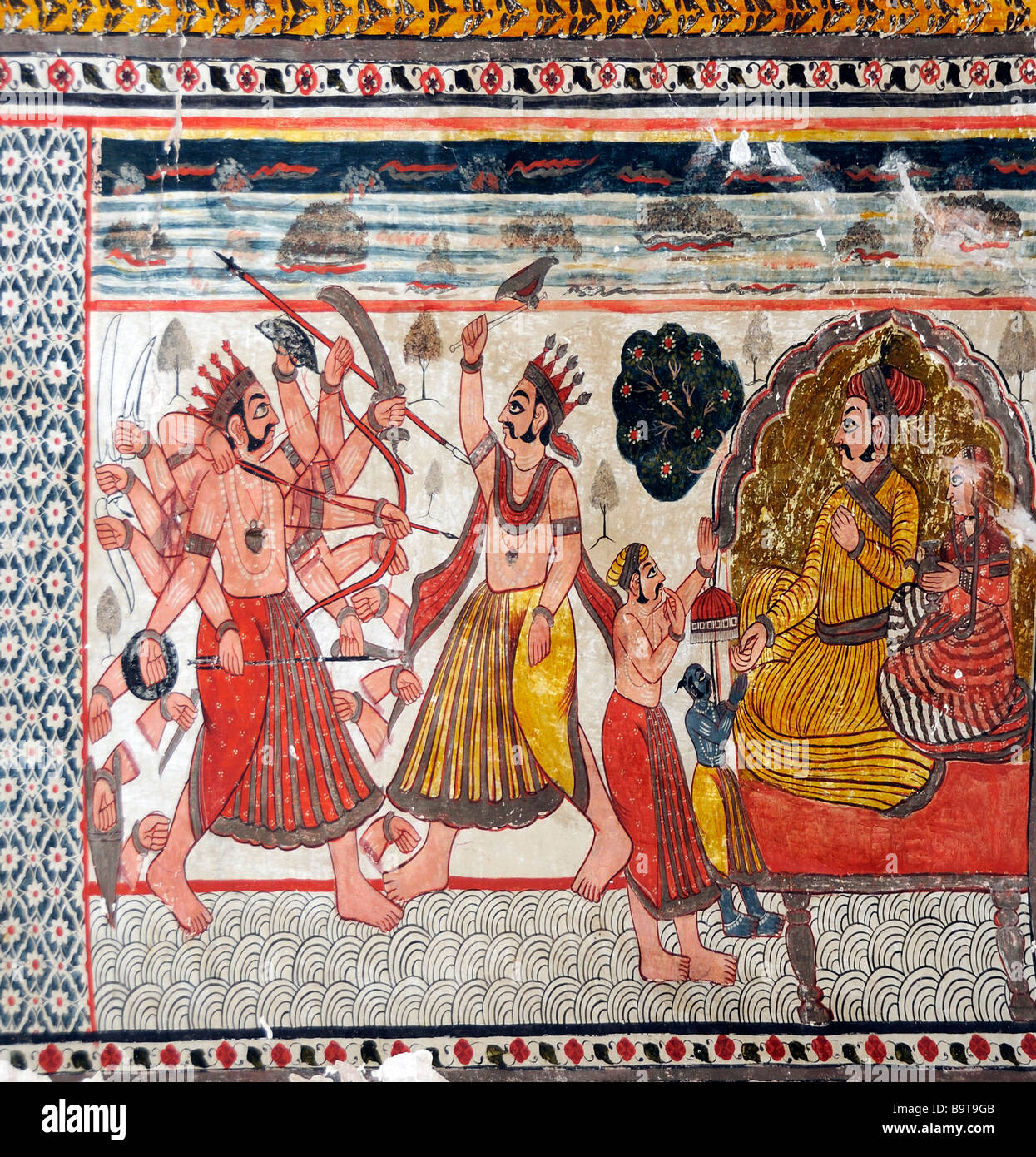 Luminosi e vibranti del xvii secolo dipinti murali in appartamenti reali di Jahangir Mahal (palazzo) a Orchha Dillo ad histor Foto Stock