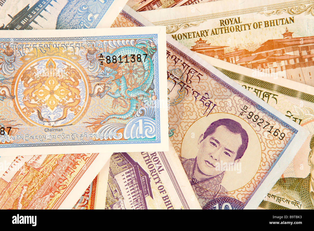 Valuta il denaro dettaglio delle banconote in Bhutan Foto Stock