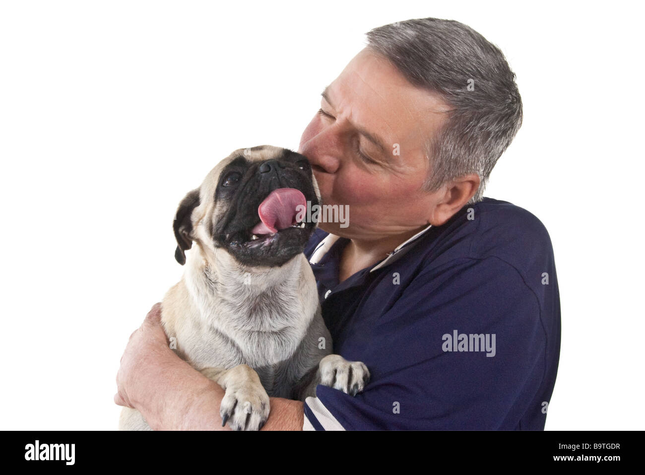 Uomo maturo tenendo un Pug cani con esso s linguetta bloccati isolato su uno sfondo bianco Foto Stock