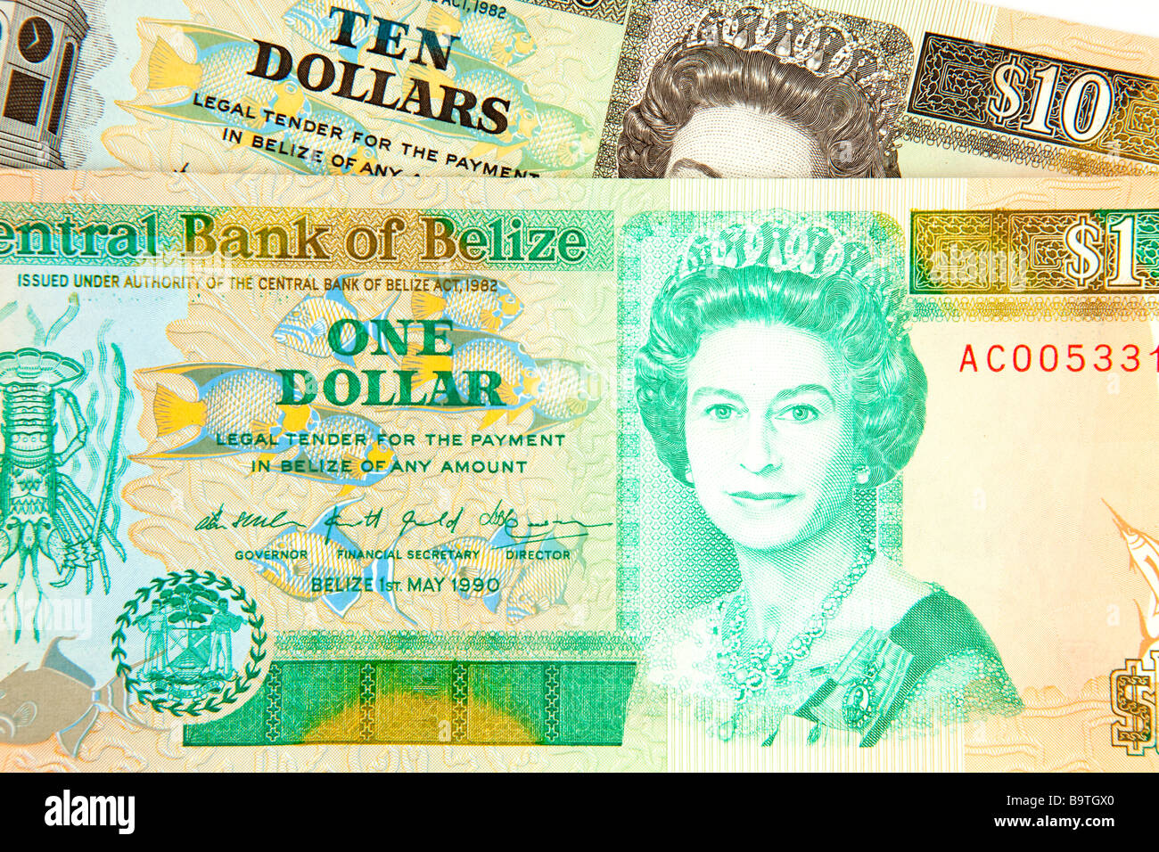 Valuta il denaro Belizian dieci e un dollaro banconote Foto Stock