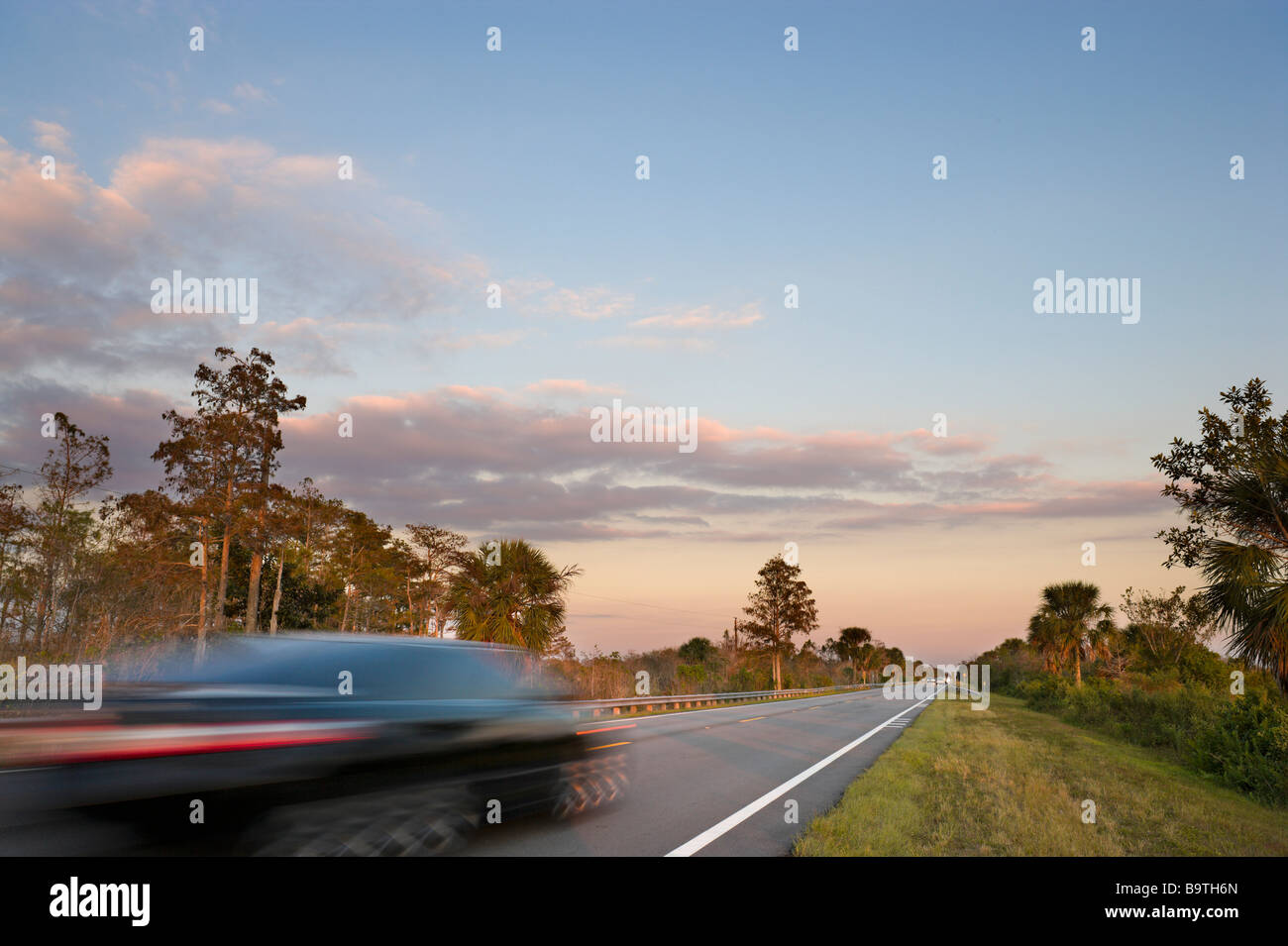 Accelerazione dei processi di auto su Tamiami per voli Trail (US 41) nella Big Cypress National Preserve al tramonto, Everglades della Florida, Florida, Stati Uniti d'America Foto Stock