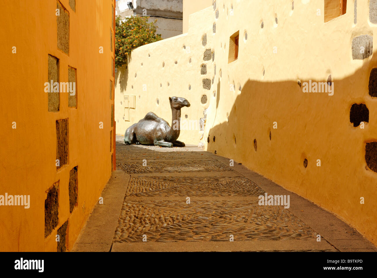 Il Cammello di bronzo statua in La Retama vicolo. Aguimes, Gran Canaria, Isole Canarie, Spagna, Europa. Foto Stock