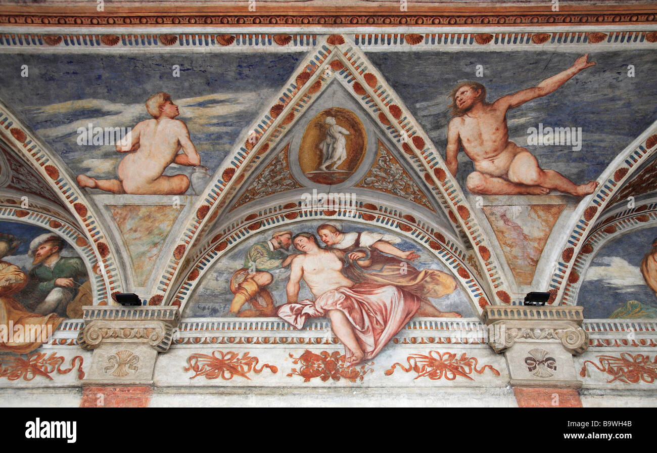 Affresco alla Loggia del Romanino Castello del Buonconsiglio Trient Trento Trentino Italia Foto Stock